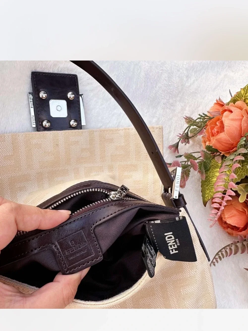 Fendi Beige Shoulder Bag with Brown Strap and Silver Buckle